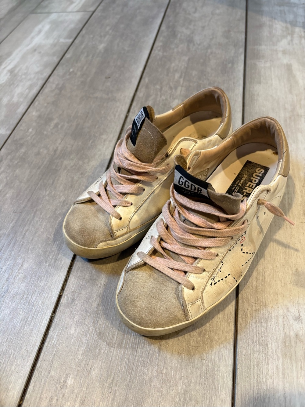Golden Goose Women's White & Beige Sneakers with Pink Laces - will negotiate